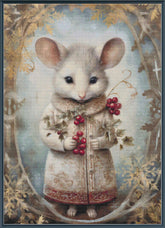 Illustration of a mouse in a decorative outfit holding berries against a floral background